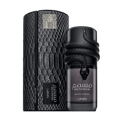 Discover Lattafa Musamam Black Intense UK. A bold men's EDP with lavender, sage, cedarwood & unique cocoa notes. A dark, sophisticated scent. Shop now!