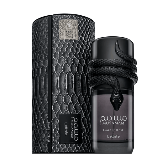 Discover Lattafa Musamam Black Intense UK. A bold men's EDP with lavender, sage, cedarwood & unique cocoa notes. A dark, sophisticated scent. Shop now!