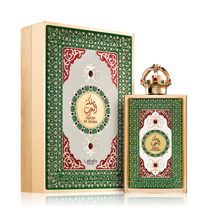 Shop Lattafa Queen of Arabia Perfume for Women. A majestic blend of ylang-ylang, white florals, and warm amber. Long-lasting, elegant, and  fragrance for her.