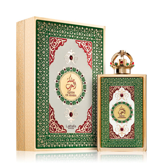 Shop Lattafa Queen of Arabia Perfume for Women. A majestic blend of ylang-ylang, white florals, and warm amber. Long-lasting, elegant, and  fragrance for her.
