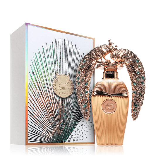 Discover Lattafa Afeef, a sophisticated unisex scent featuring juicy peach, elegant tuberose, and creamy praline. A long-lasting, opulent spicy floral fragrance.