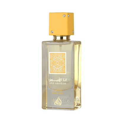 Shop Lattafa Ana Abiyedh Passion. A seductive, tropical blend of juicy passionfruit, creamy coconut, and warm caramel. Long-lasting & addictive.