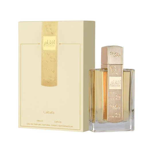 Buy now Lattafa Angham UK. Unique EDP for women with lavender, praline, cacao & vanilla. A sophisticated Burberry Goddess alternative. Chic comfort awaits.
