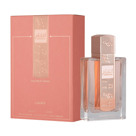Shop Lattafa Angham Second Song at Nura Bliss. A dreamy women's fragrance with pear blossom, creamy praline, and warm vanilla. Long-lasting, elegant, and sweet.