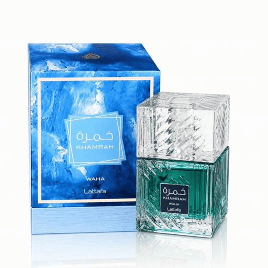 Khamrah Waha perfume bottle and packaging on a white background