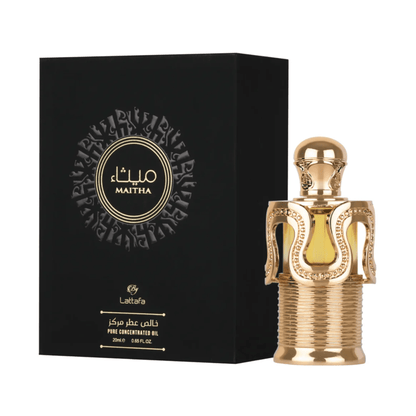 Experience Lattafa Maitha Concentrated Perfume Oil. A rich unisex blend of sweet caramel, star anise, and warm tonka bean. Alcohol-free and long-lasting luxury.