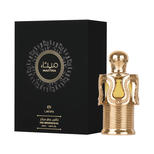 Experience Lattafa Maitha Concentrated Perfume Oil. A rich unisex blend of sweet caramel, star anise, and warm tonka bean. Alcohol-free and long-lasting luxury.