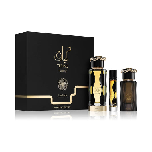 Experience the ultimate luxury with Lattafa Teriaq Intense Gift Set. A boozy blend of plum liquor, warm cinnamon & amber. 10–12 hour performance.