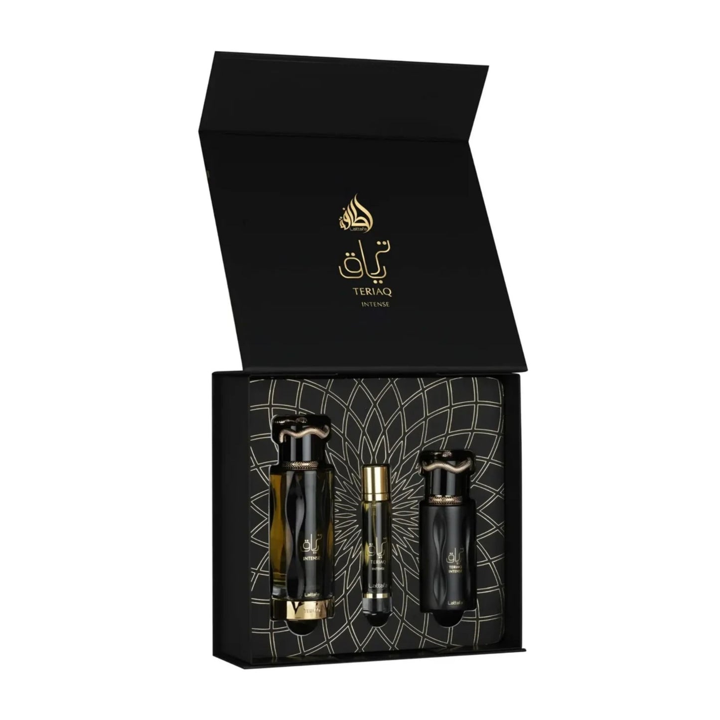 Experience the ultimate luxury with Lattafa Teriaq Intense Gift Set. A boozy blend of plum liquor, warm cinnamon & amber. 10–12 hour performance.