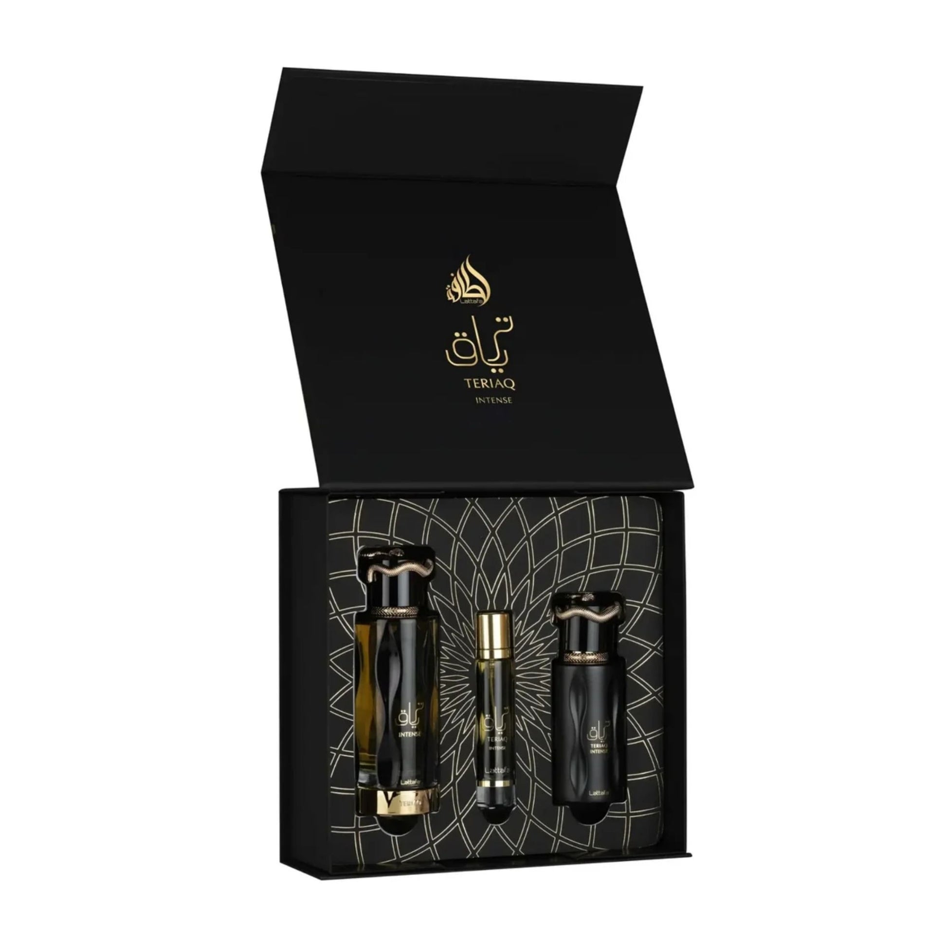 Experience the ultimate luxury with Lattafa Teriaq Intense Gift Set. A boozy blend of plum liquor, warm cinnamon & amber. 10–12 hour performance.