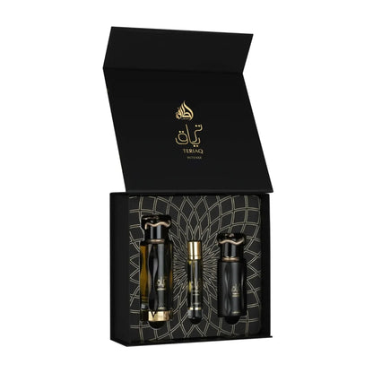 Experience the ultimate luxury with Lattafa Teriaq Intense Gift Set. A boozy blend of plum liquor, warm cinnamon & amber. 10–12 hour performance.