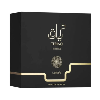 Experience the ultimate luxury with Lattafa Teriaq Intense Gift Set. A boozy blend of plum liquor, warm cinnamon & amber. 10–12 hour performance.