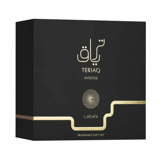 Experience the ultimate luxury with Lattafa Teriaq Intense Gift Set. A boozy blend of plum liquor, warm cinnamon & amber. 10–12 hour performance.