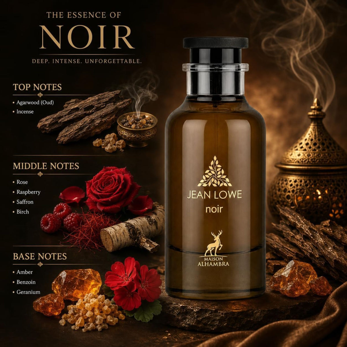 Shop Maison Alhambra Jean Lowe Noir 100ml EDP for Men. A dark, magnetic blend of smoked agarwood, incense, raspberry, rose, saffron, and amber.
