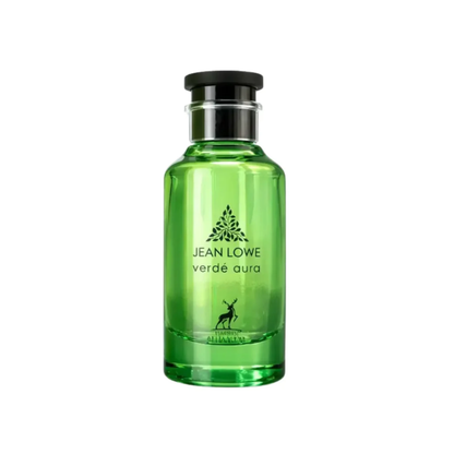 Experience Maison Alhambra Jean Lowe Verde Aura. A vibrant blend of fresh mint, juicy apricot, and sweet fig. Long-lasting, refreshing unisex fragrance.
