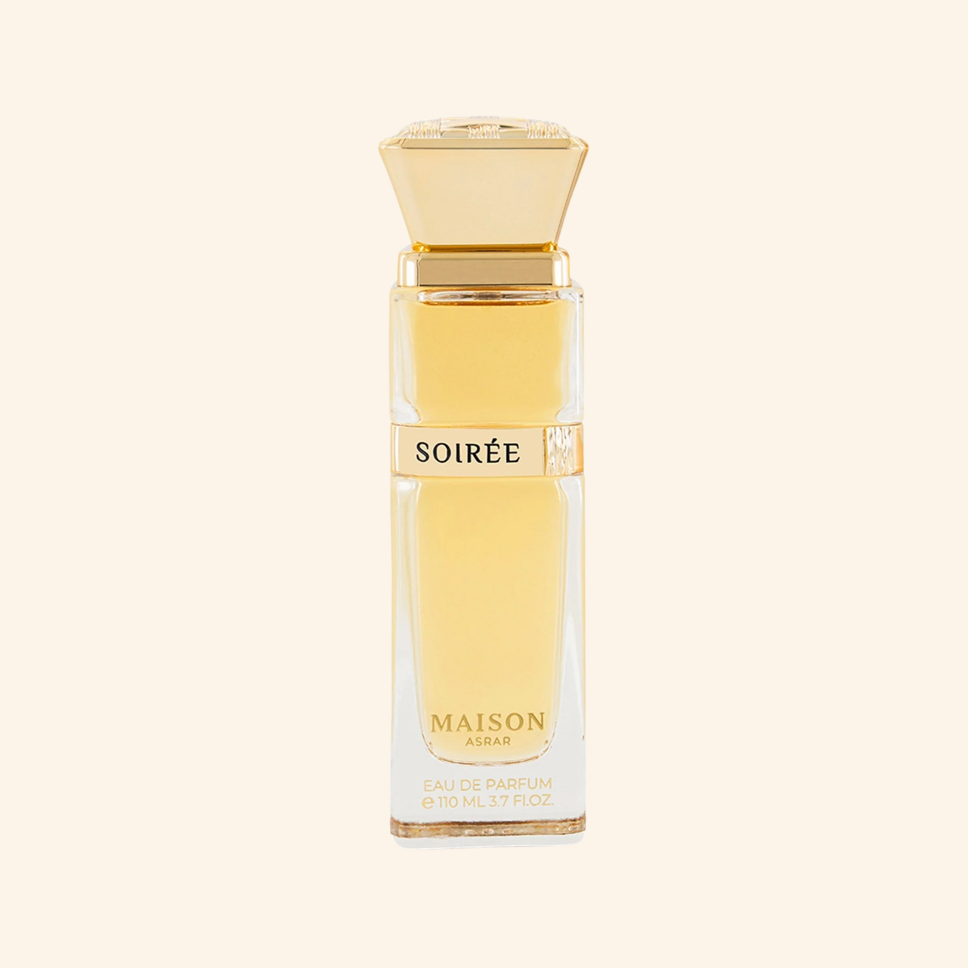 Perfume bottle labeled 'Soirée' by Maison Asrar on a white background. Discover Maison Asrar Soiree UK. A decadent unisex EDP with praline, plum, caramel & an ambergris vibe. A stunning Eilish alternative. Shop now at Nurabliss!