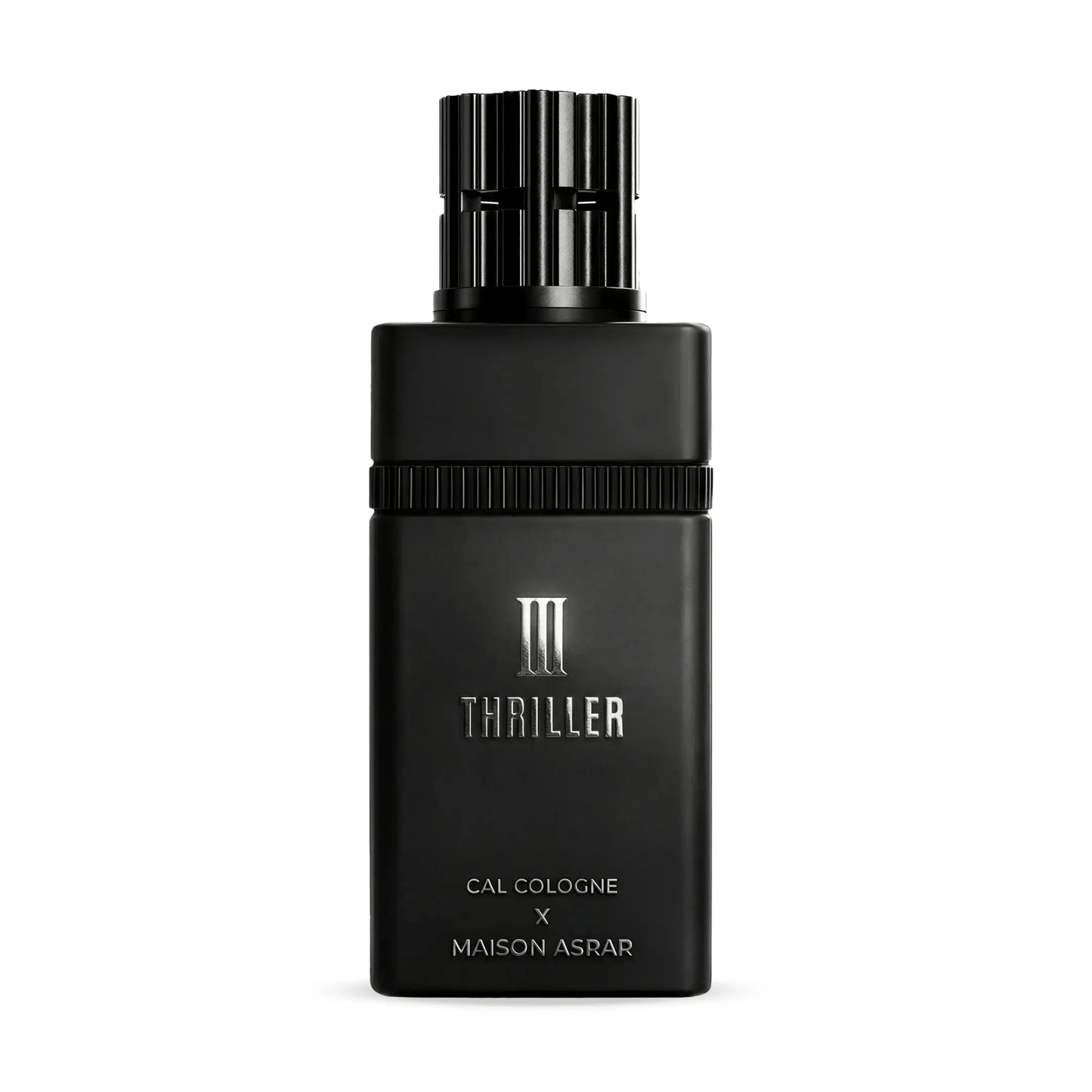 Experience the intensity of Maison Asrar X Cal Cologne III Thriller. A bold blend of saffron, leather, and incense. Long-lasting Extrait de Parfum for men.