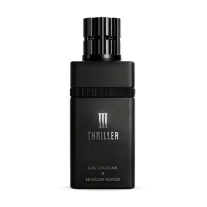 Experience the intensity of Maison Asrar X Cal Cologne III Thriller. A bold blend of saffron, leather, and incense. Long-lasting Extrait de Parfum for men.
