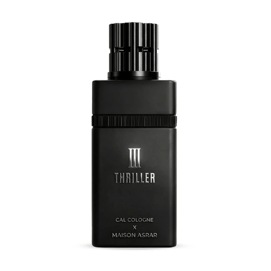 Experience the intensity of Maison Asrar X Cal Cologne III Thriller. A bold blend of saffron, leather, and incense. Long-lasting Extrait de Parfum for men.