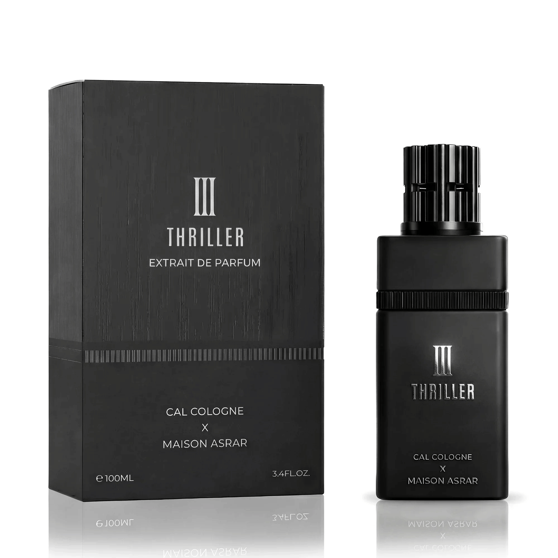 Experience the intensity of Maison Asrar X Cal Cologne III Thriller. A bold blend of saffron, leather, and incense. Long-lasting Extrait de Parfum for men.