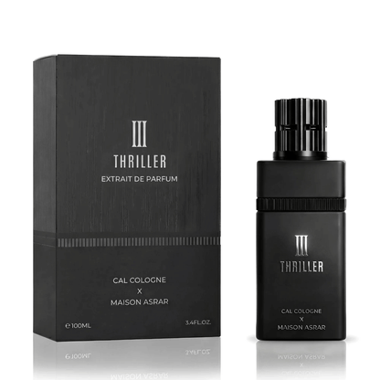 Experience the intensity of Maison Asrar X Cal Cologne III Thriller. A bold blend of saffron, leather, and incense. Long-lasting Extrait de Parfum for men.