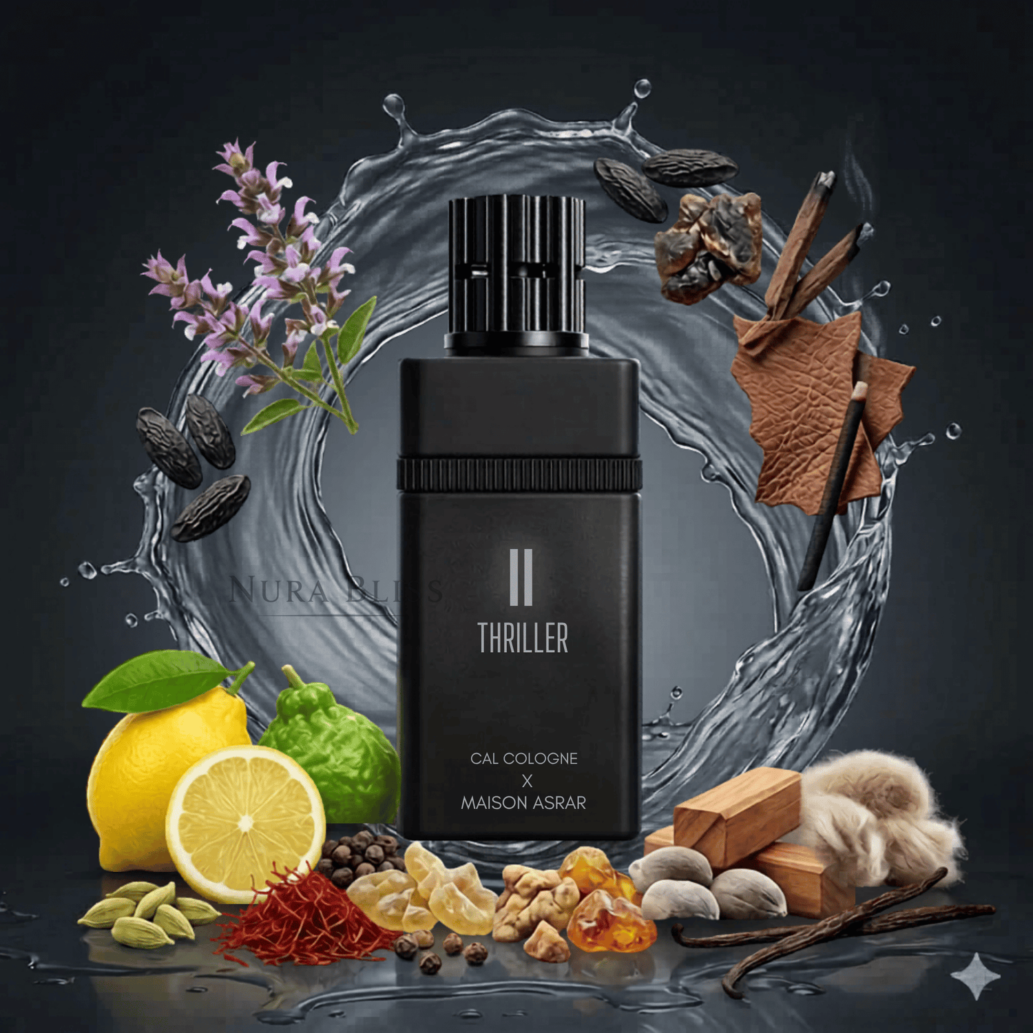 Experience the intensity of Maison Asrar X Cal Cologne III Thriller. A bold blend of saffron, leather, and incense. Long-lasting Extrait de Parfum for men.