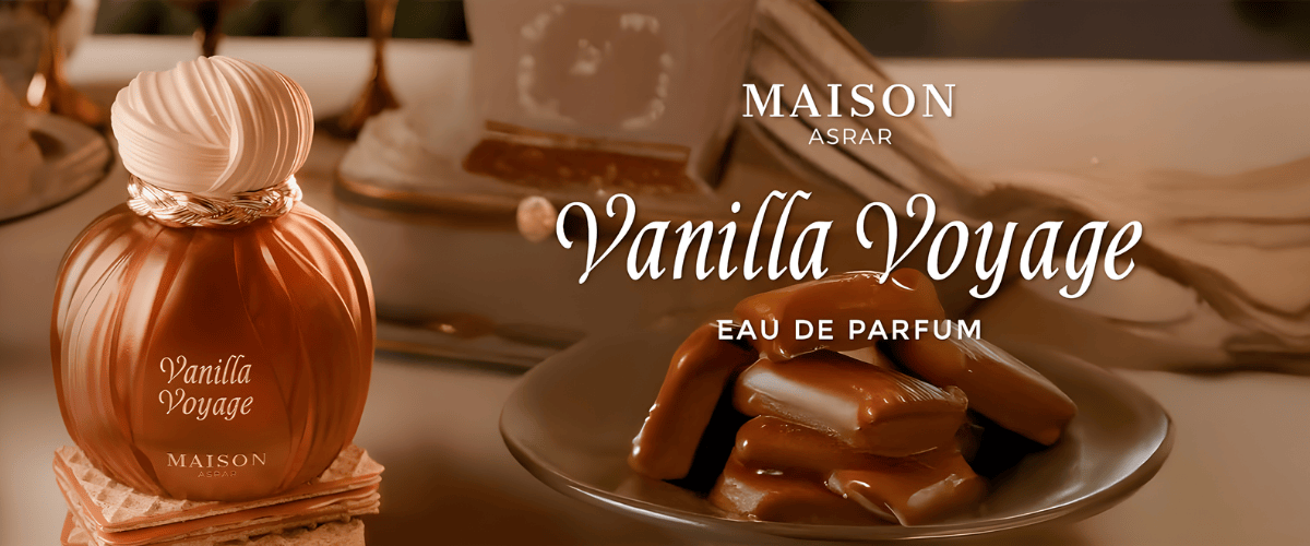 Vanilla Voyage perfume bottle with cookies on a table setting, featuring Maison Ashar branding.