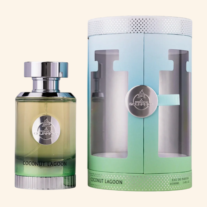 Green perfume bottle and packaging labeled 'Coconut Lagoon' on a beige background. Discover Paris Corner Coconut Lagoon UK. A tropical gourmand EDP with coconut, caramel, vanilla & watermelon. A Virgin Island Water alternative. Shop now!