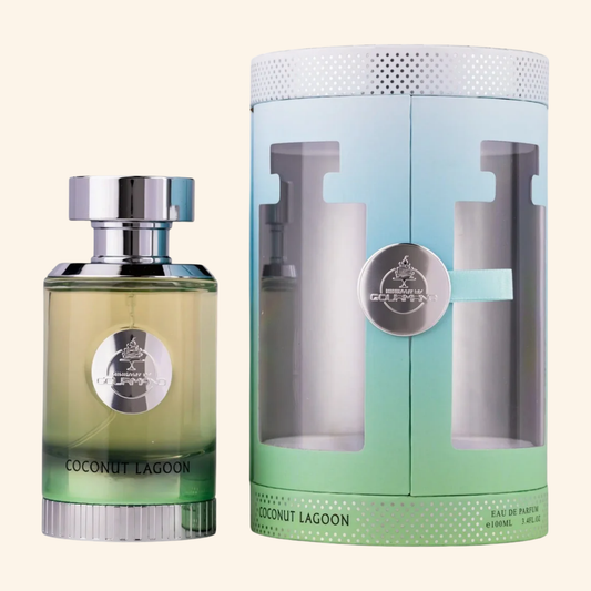 Green perfume bottle and packaging labeled 'Coconut Lagoon' on a beige background. Discover Paris Corner Coconut Lagoon UK. A tropical gourmand EDP with coconut, caramel, vanilla & watermelon. A Virgin Island Water alternative. Shop now!