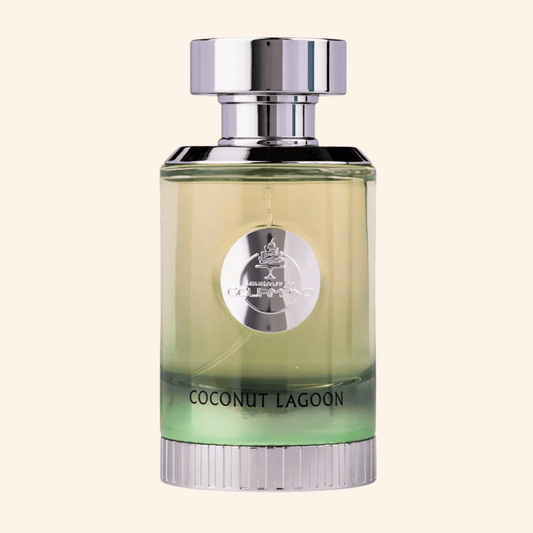 Perfume bottle labeled 'Coconut Lagoon' with a silver cap on a white background. Discover Paris Corner Coconut Lagoon UK. A tropical gourmand EDP with coconut, caramel, vanilla & watermelon. A Virgin Island Water alternative. Shop now!