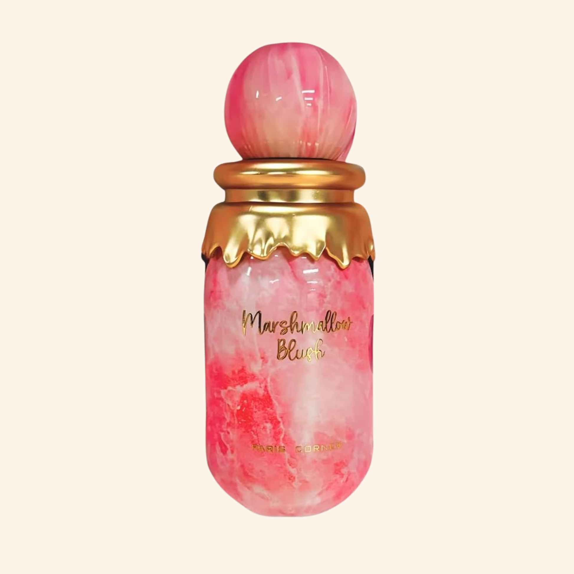 Pink and gold bottle of Marshmallow Blush on a light pink background. Discover Paris Corner Marshmallow Blush UK. A sweet women's EDP with strawberry, raspberry, orange blossom & marshmallow. A stunning Oriana alternative. Shop now!