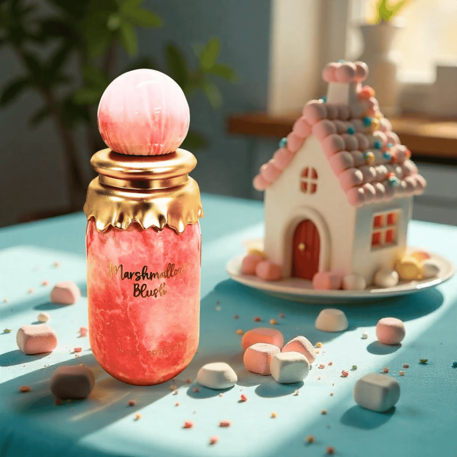 Pink bottle labeled 'Marshmallow Blush' with a pink spherical object on a blue surface with marshmallows. Discover Paris Corner Marshmallow Blush UK. A sweet women's EDP with strawberry, raspberry, orange blossom & marshmallow. A stunning Oriana alternative. Shop now!