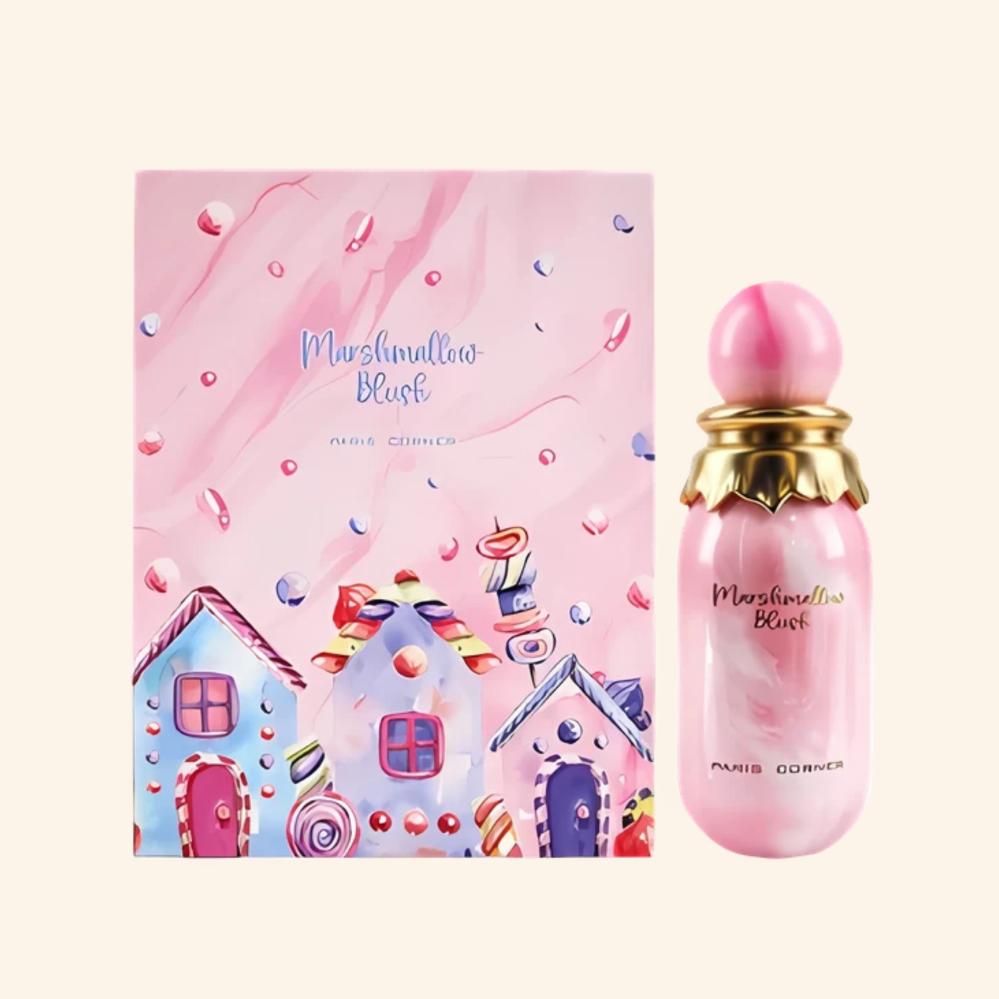 Pink 'Marshmallow Blush' perfume bottle and packaging with candy house design on a white background. Discover Paris Corner Marshmallow Blush UK. A sweet women's EDP with strawberry, raspberry, orange blossom & marshmallow. A stunning Oriana alternative. Shop now!