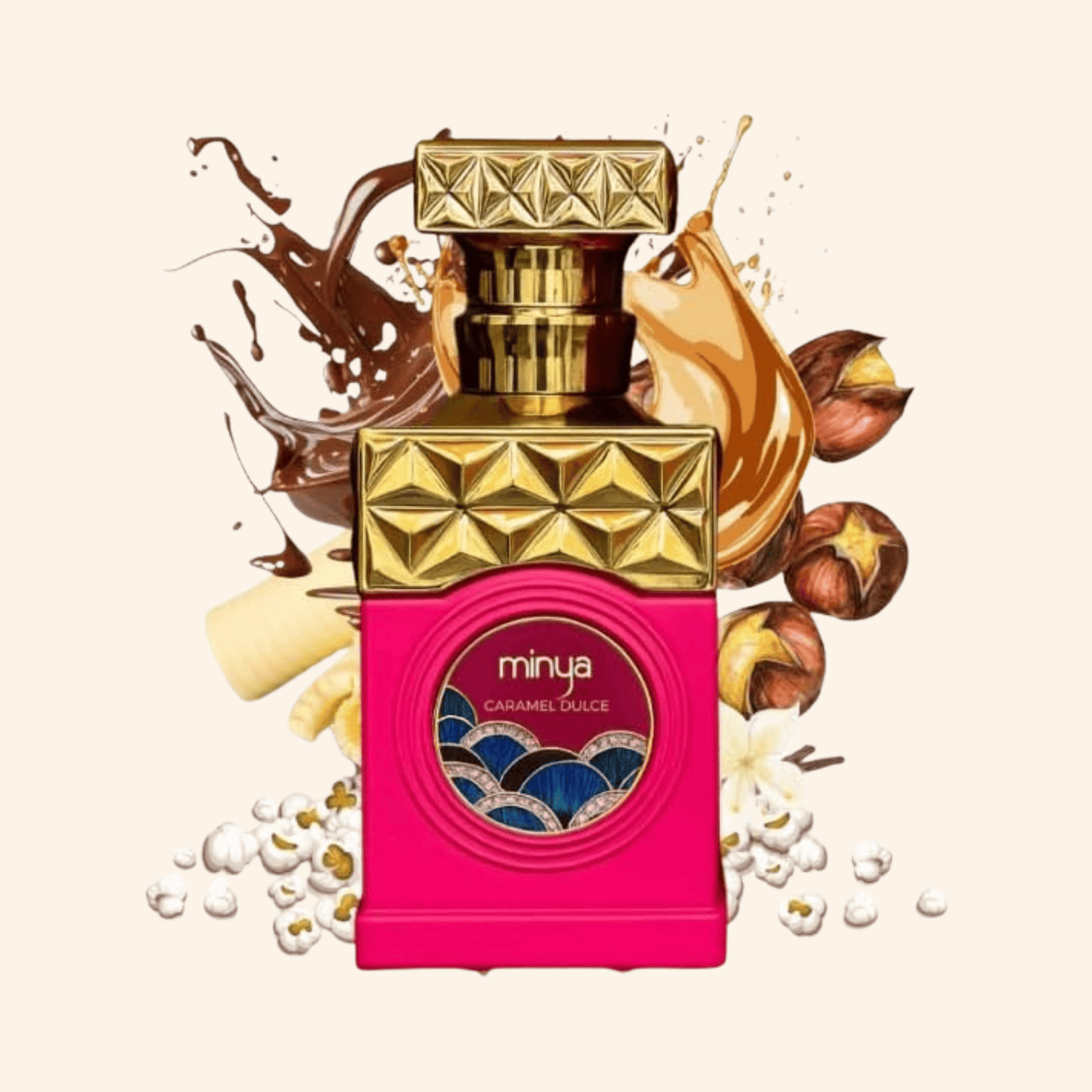 Perfume bottle with gold cap and pink body, surrounded by chocolate and nuts on a beige background. Discover Paris Corner Minya Caramel Dulce UK. A fun, decadent gourmand EDP with popcorn, butter, chestnut, chocolate & caramel. The ultimate cosy treat. Shop now!