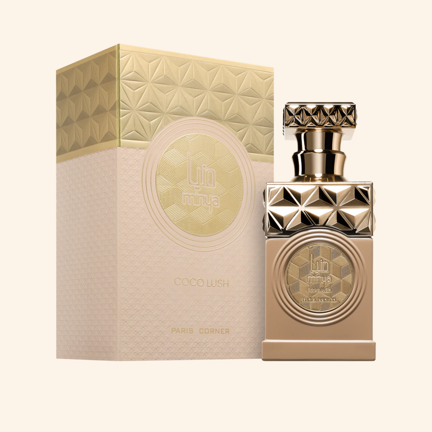 Gold perfume bottle and packaging with geometric design on a white background. Discover Paris Corner Minya Coco Lush UK. A fun, creamy gourmand EDP with coconut milk, raspberry & macarons. An  Thank U, Next alternative. Shop now!