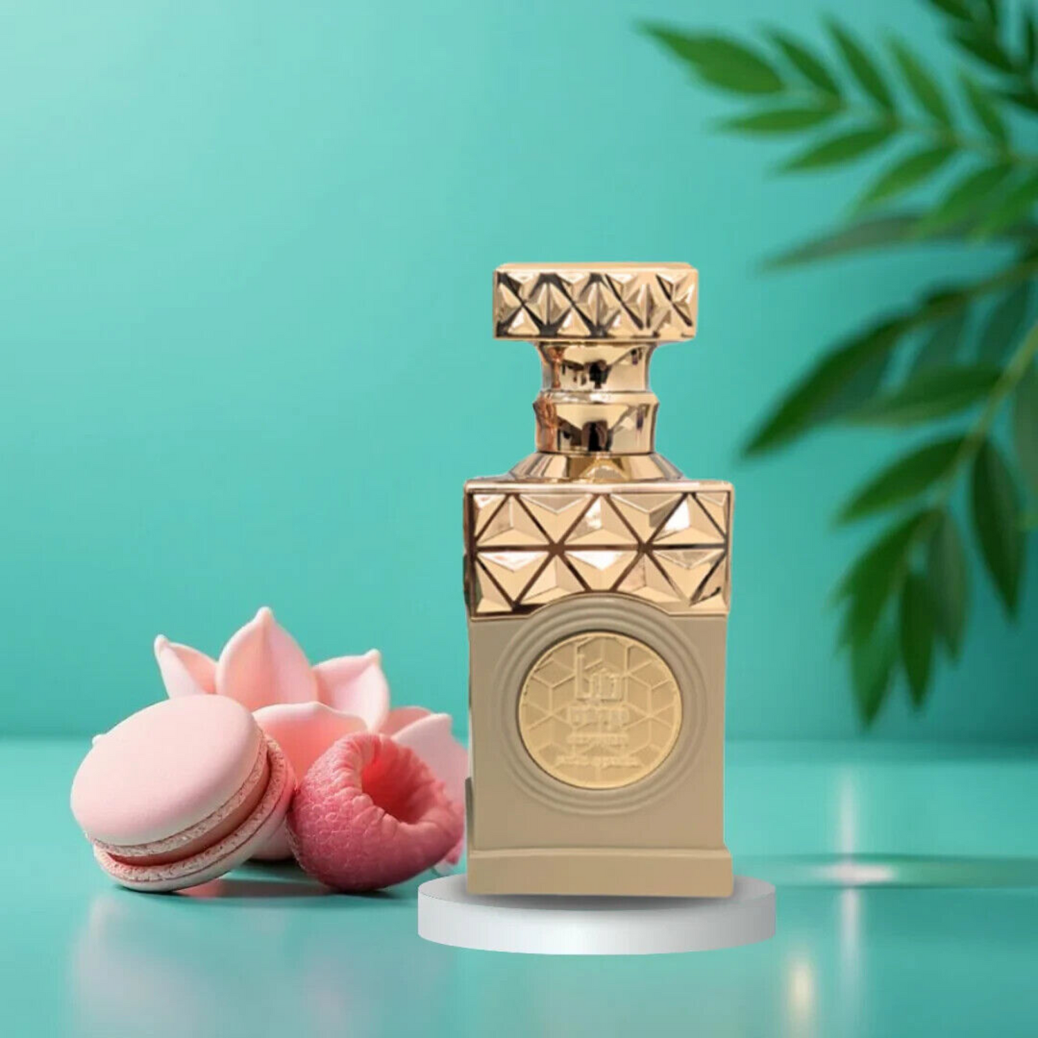 Gold and beige perfume bottle with pink macarons and flowers on a teal background Discover Paris Corner Minya Coco Lush UK. A fun, creamy gourmand EDP with coconut milk, raspberry & macarons. An  Thank U, Next alternative. Shop now!