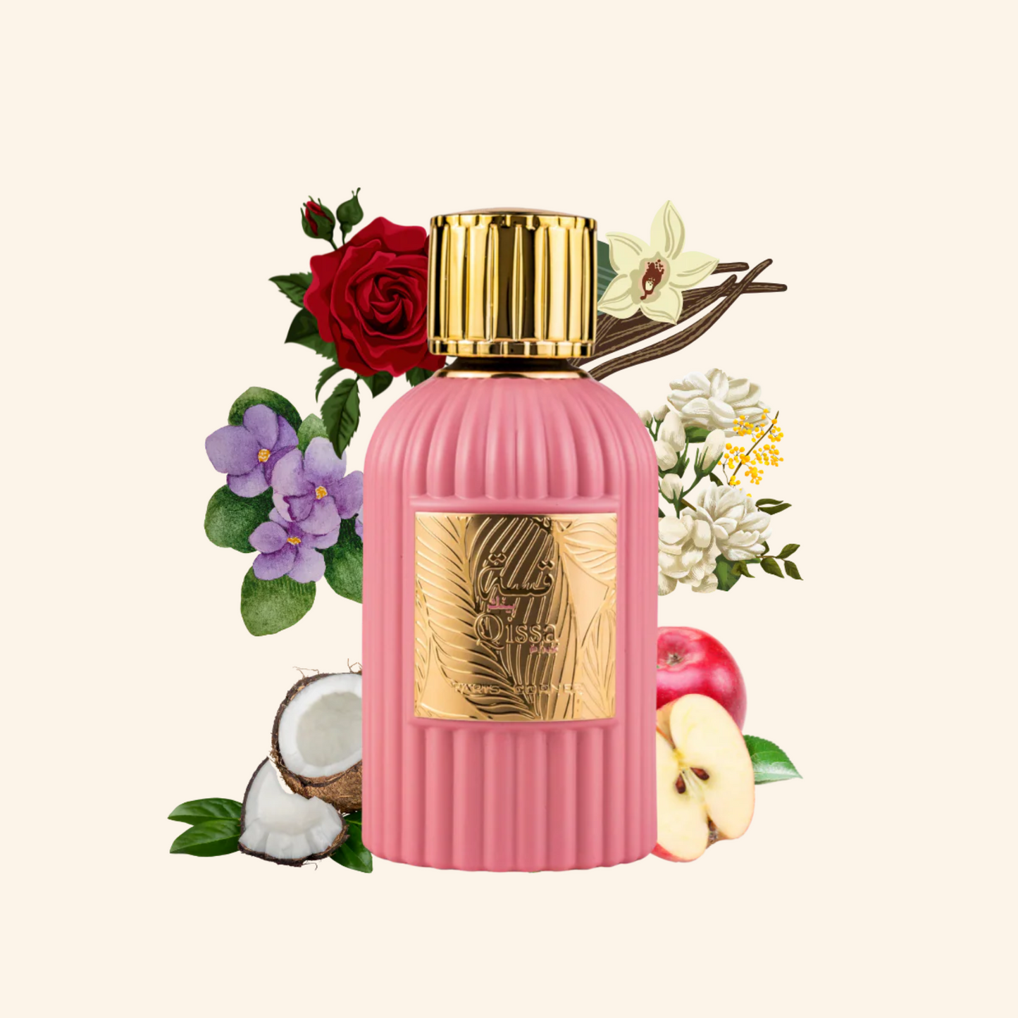 Pink perfume bottle with gold cap surrounded by flowers and fruits on a white background. Discover Paris Corner Qissa Pink UK. A chic women's EDP with apple, coconut, rose, violet & a woody vanilla base. Avent-us for Her alternative. Shop now!