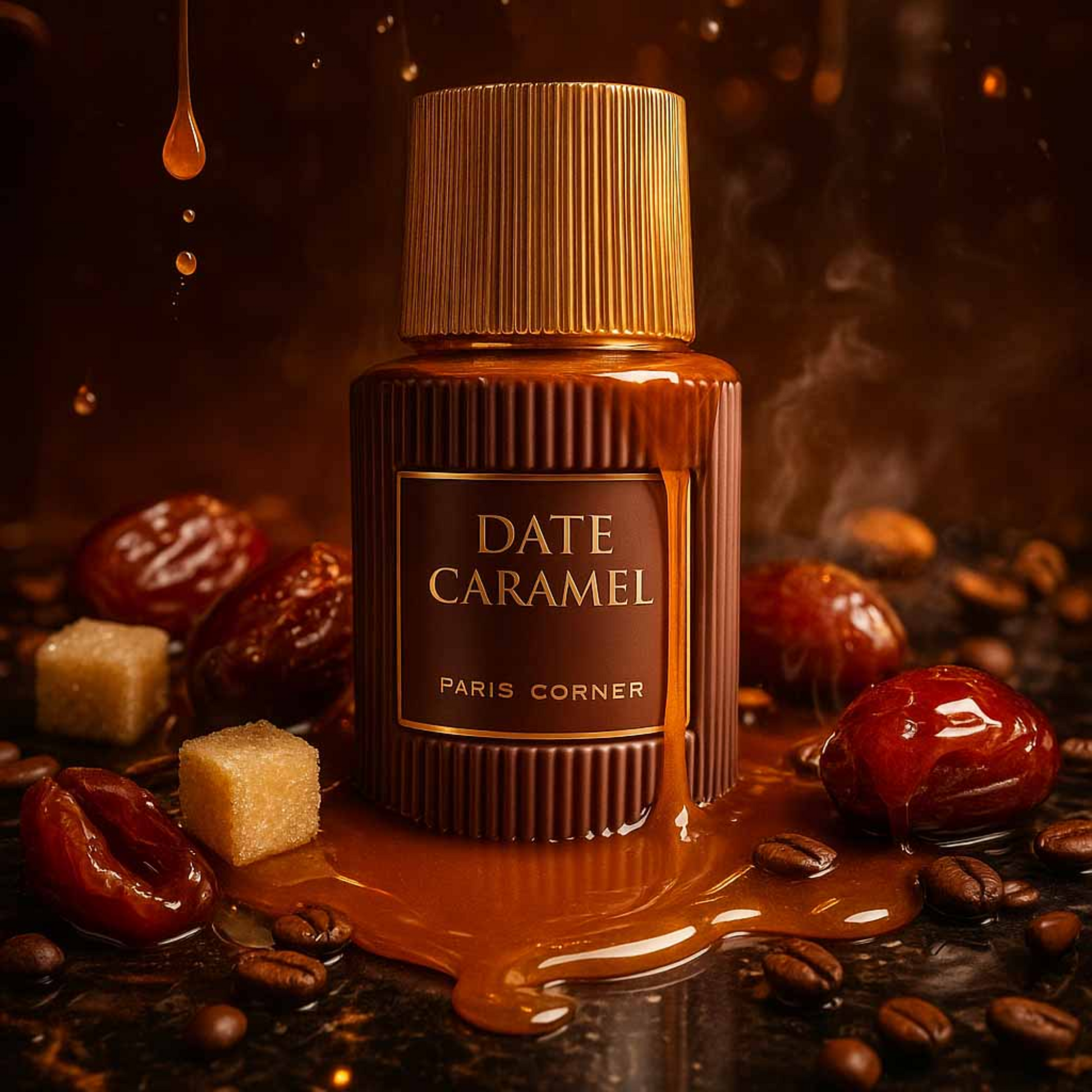 Bottle of 'Date Caramel' with caramel sauce and dates in the background Discover Date Caramel by Paris Corner UK. Rich sweet EDP with date, coffee, caramel & vanilla notes. A cosy Coffee Addict alternative. Indulgent warmth.