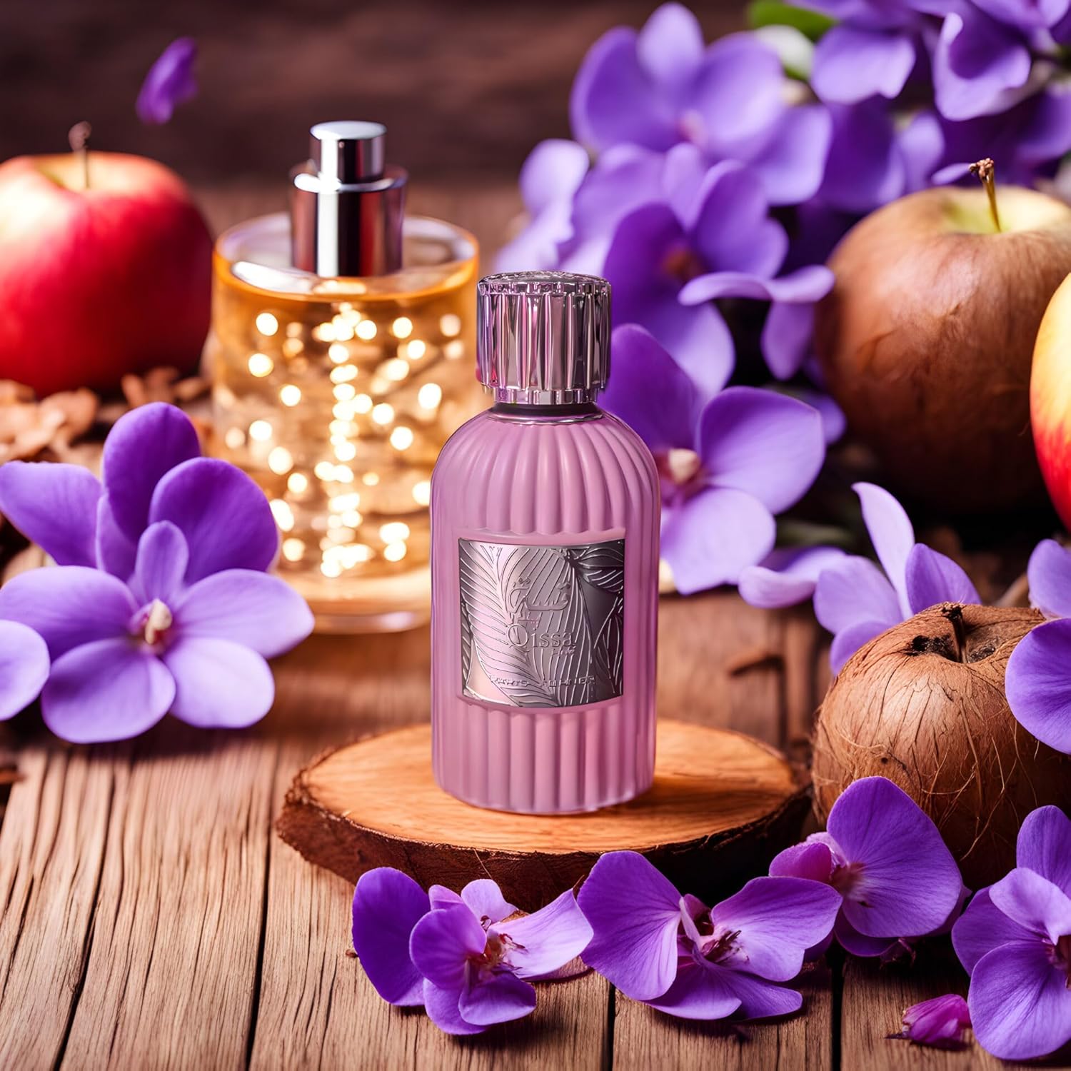 Pink perfume bottle on a wooden stand with purple flowers and apples in the background. Discover Paris Corner Qissa Pink UK. A chic women's EDP with apple, coconut, rose, violet & a woody vanilla base. Avent-us for Her alternative. Shop now!