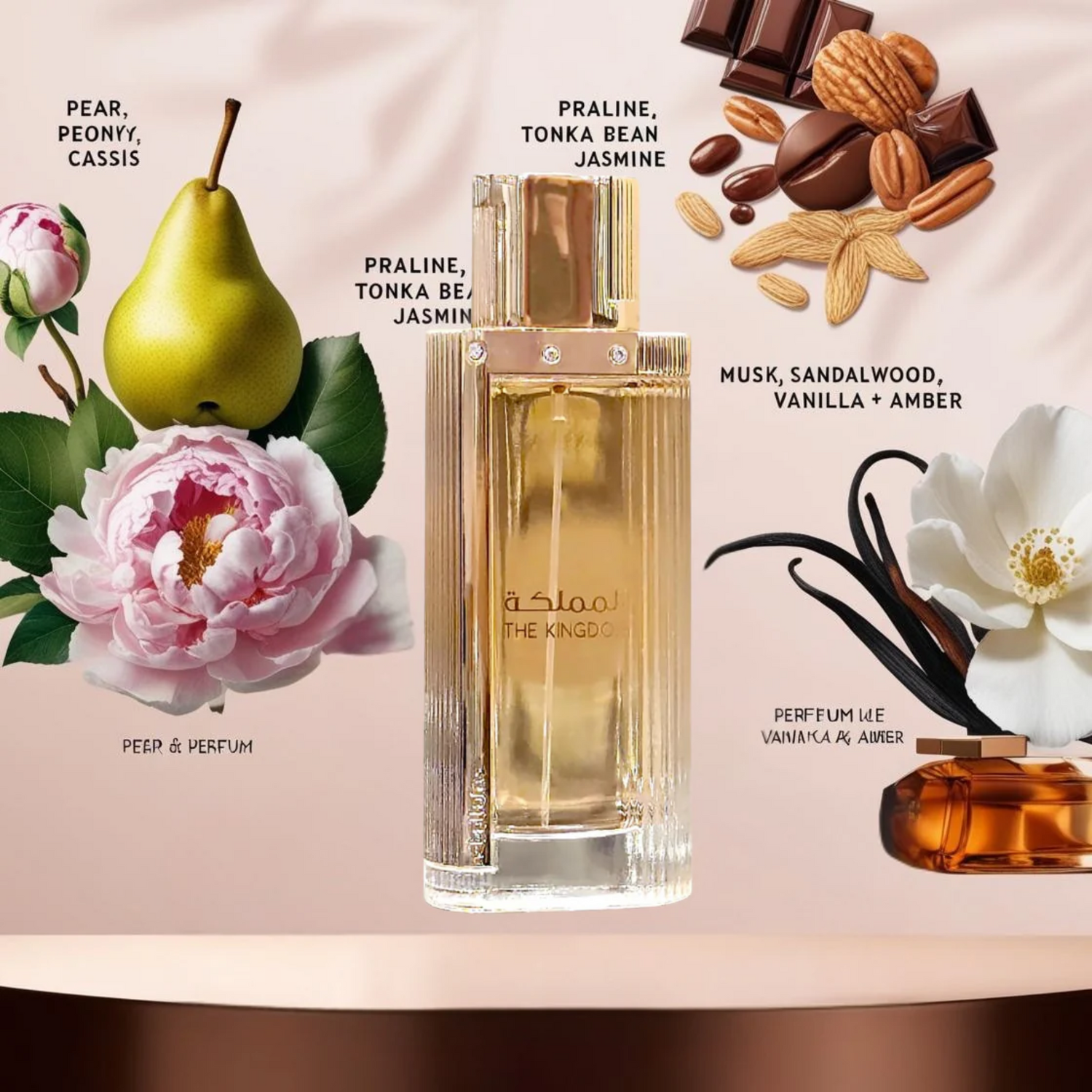 Discover Lattafa The Kingdom for Her. Sweet fruity gourmand EDP with pear, peony, vanilla and praline. Luxurious La Vie Est Belle inspired alternative.