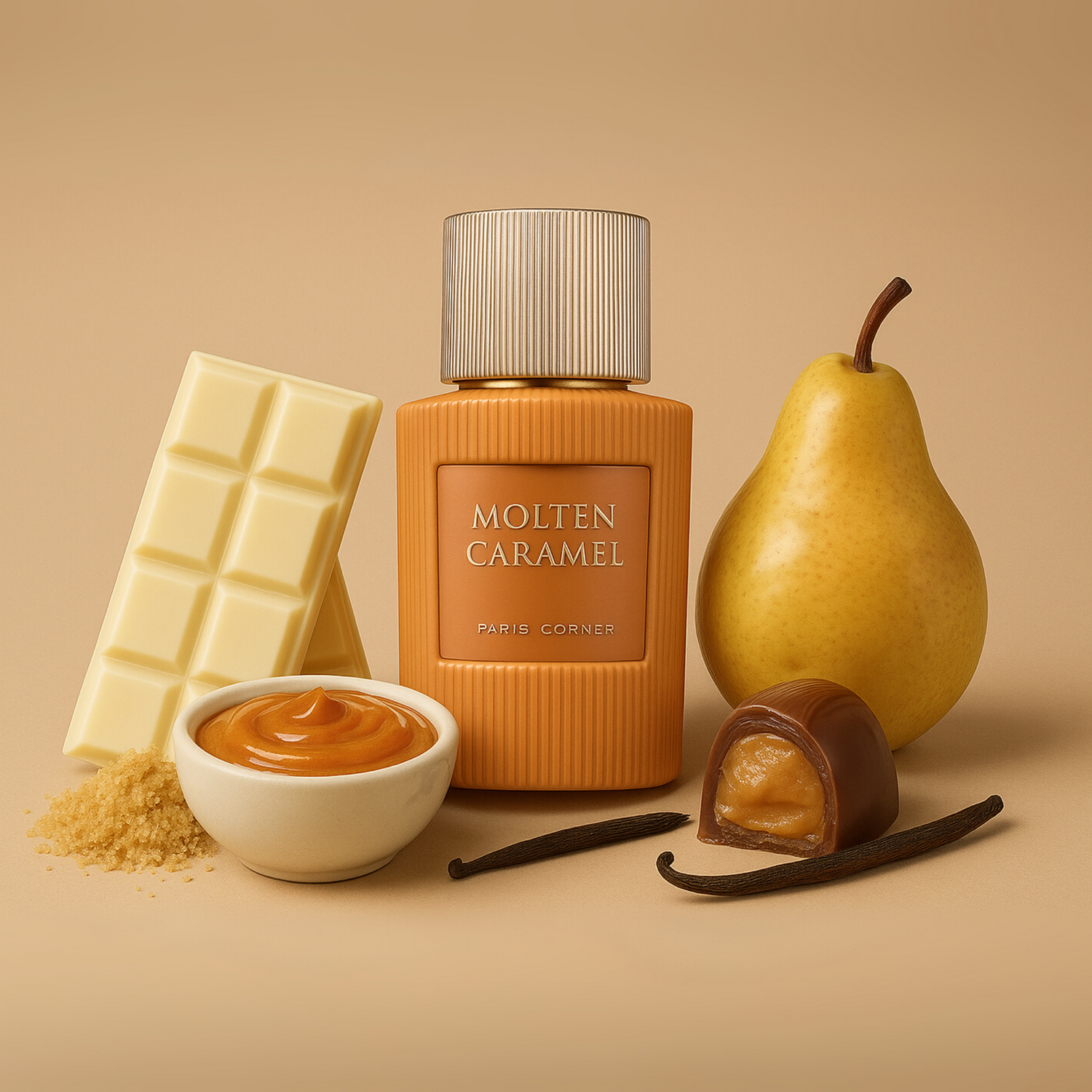 Molten Caramel perfume bottle with a pear, white chocolate bar, caramel sauce, and vanilla beans on a beige background.

Discover Paris Corner Molten Caramel UK. Intense sweet gourmand EDP blending caramel, milk, vanilla & praline. A Bianco latte alternative. Pure indulgence! Shop now.